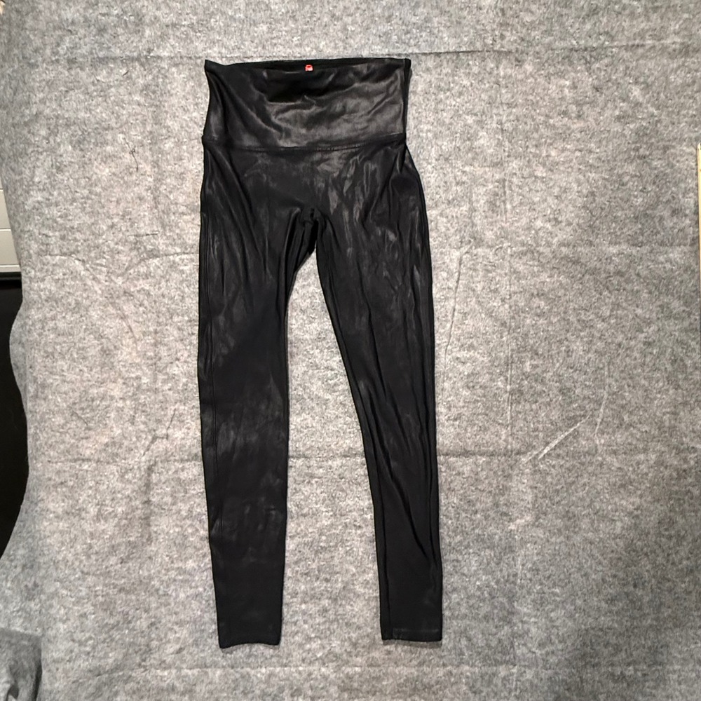 Spanx Faux Leather Leggings Black High Waist Compression Slimming Womens Large